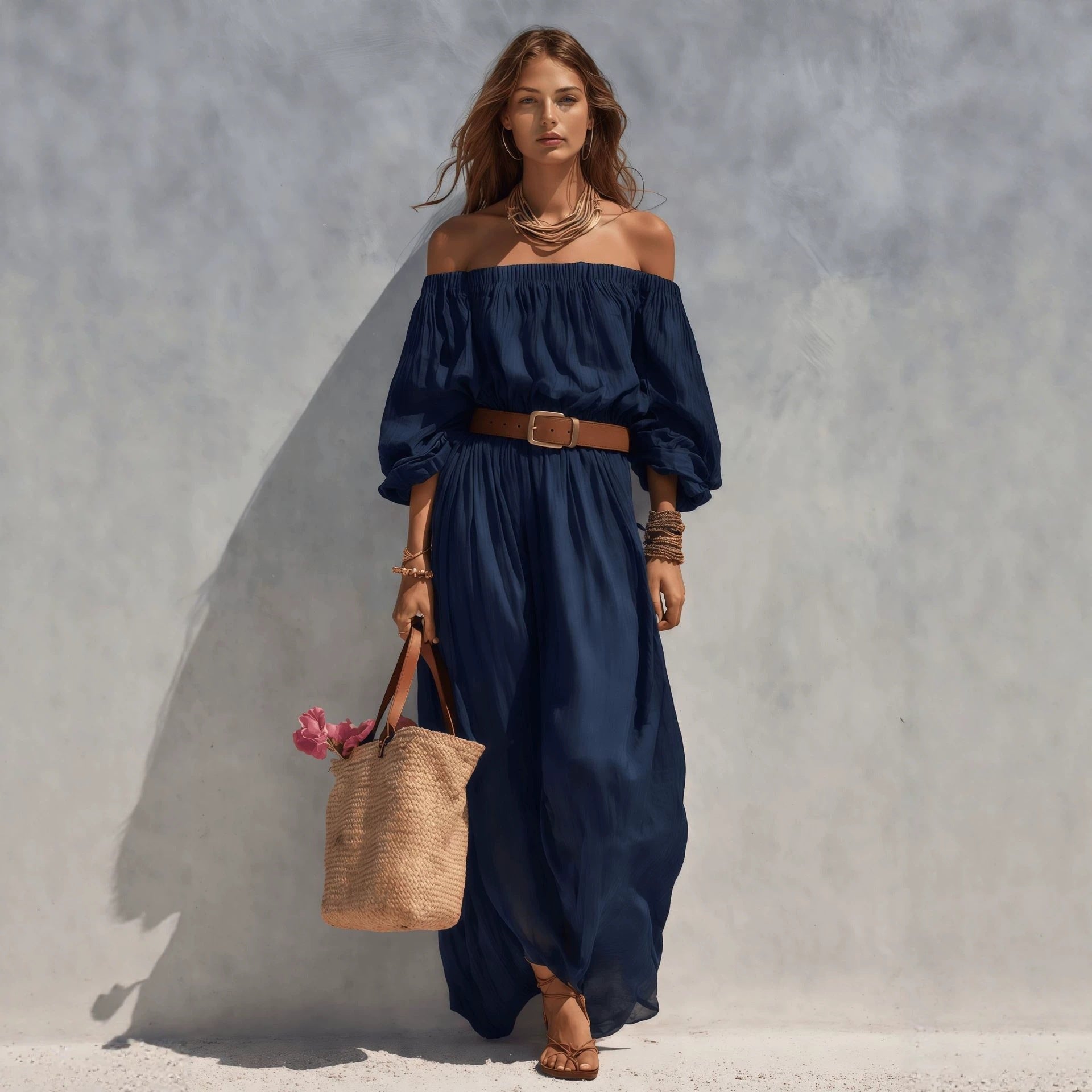 Women's Boat-Neck Sleeveless Cotton-Linen Maxi Dress