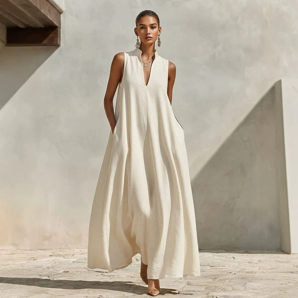 Linen Blend Sleeveless Stand-Collar Maxi Dress – 5 Colors S–3XL