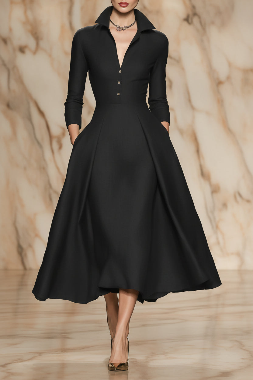 Deep V-Neck Shirt Collar Pleated A-Line Midi Dress with Pockets