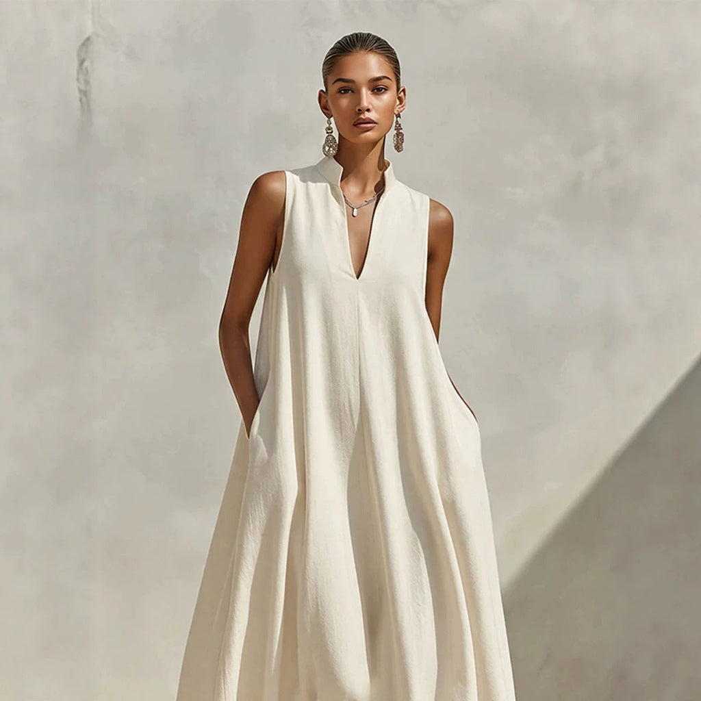 Linen Blend Sleeveless Stand-Collar Maxi Dress – 5 Colors S–3XL
