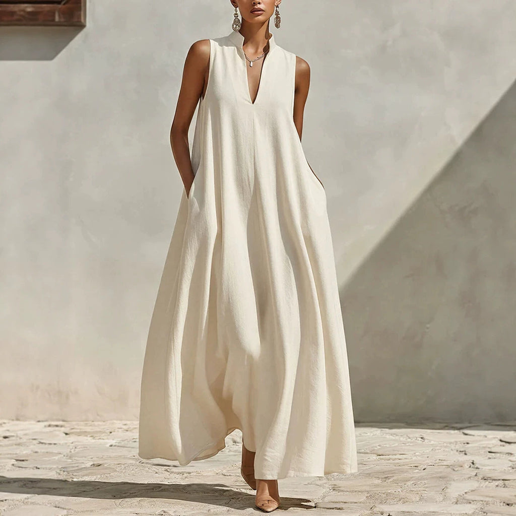 Linen Blend Sleeveless Stand-Collar Maxi Dress – 5 Colors S–3XL