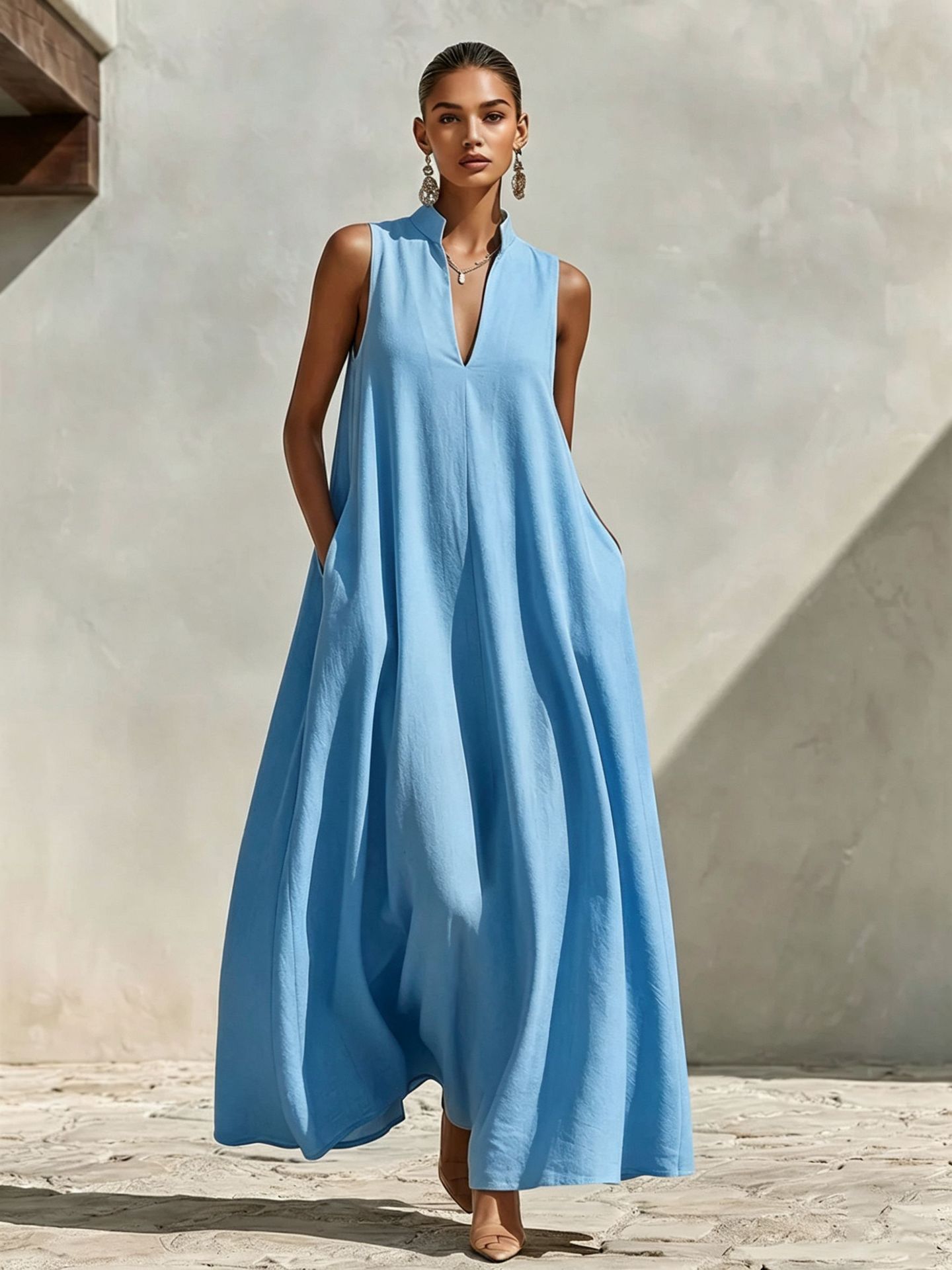 Linen Blend Sleeveless Stand-Collar Maxi Dress – 5 Colors S–3XL