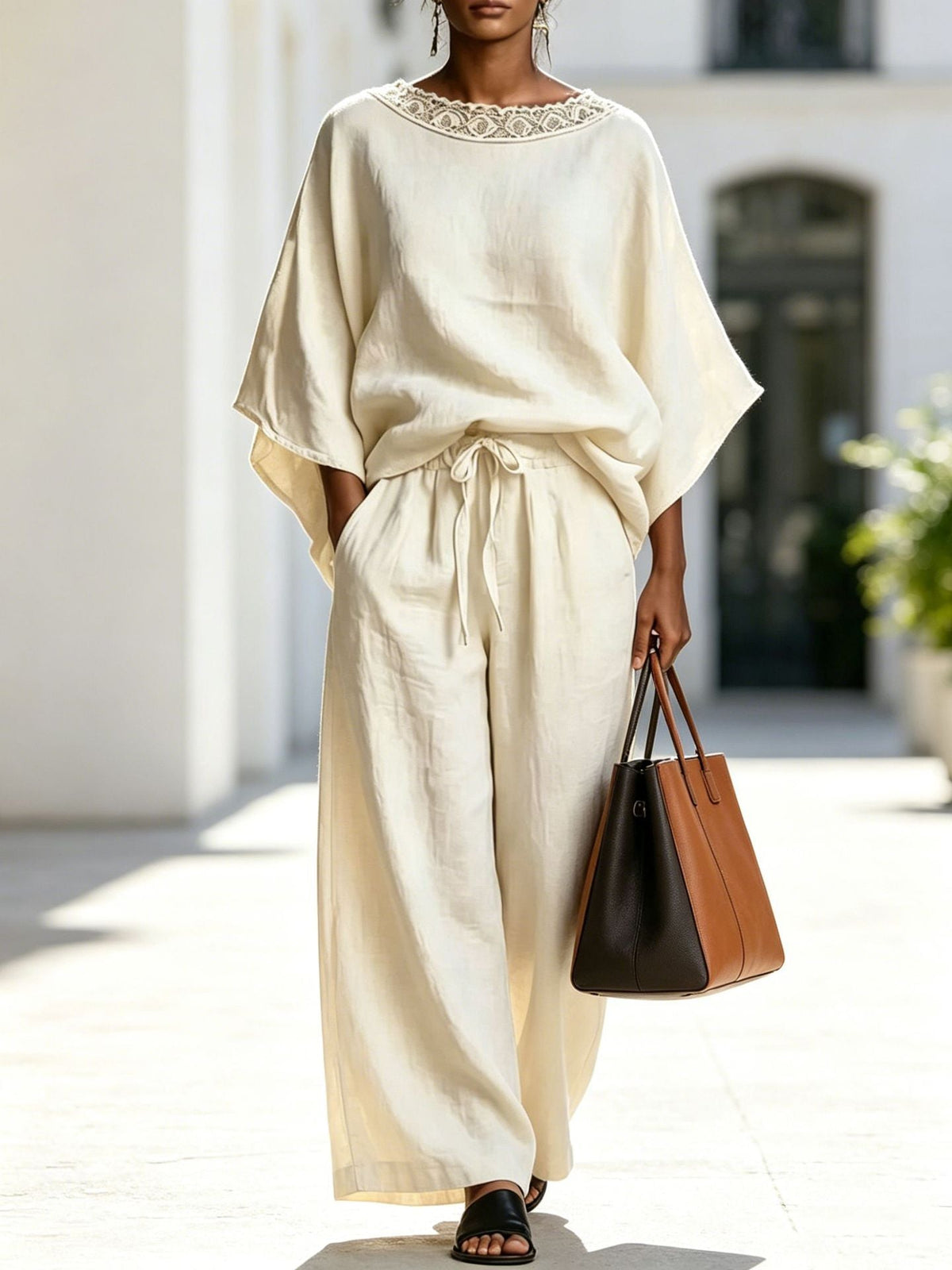Women's Lace Trim Batwing Top & Wide-Leg Pants Two-Piece Set