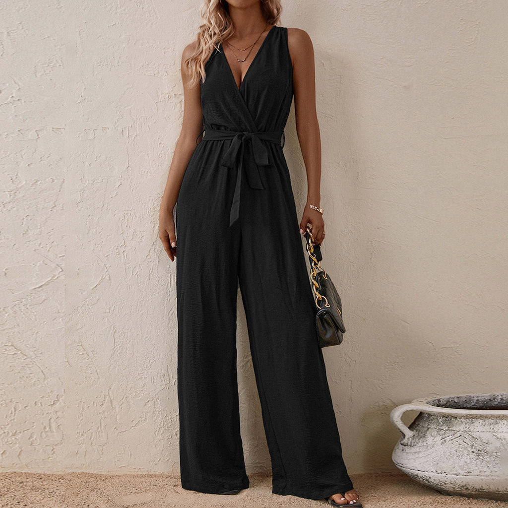 Women's Strap High-Waist Sleeveless Jumpsuit – Ice Silk Casual Wide-Leg