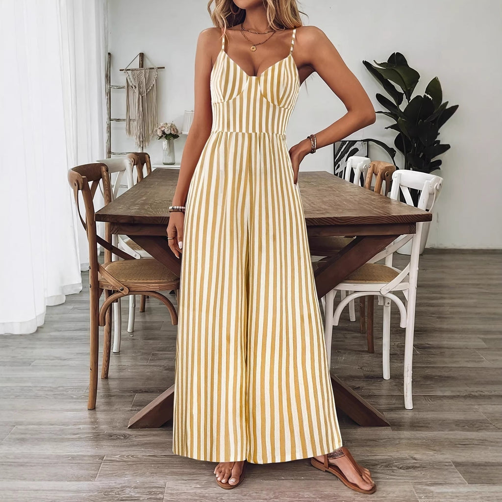 Printed Backless Sleeveless Strap Jumpsuit | Ginger Yellow