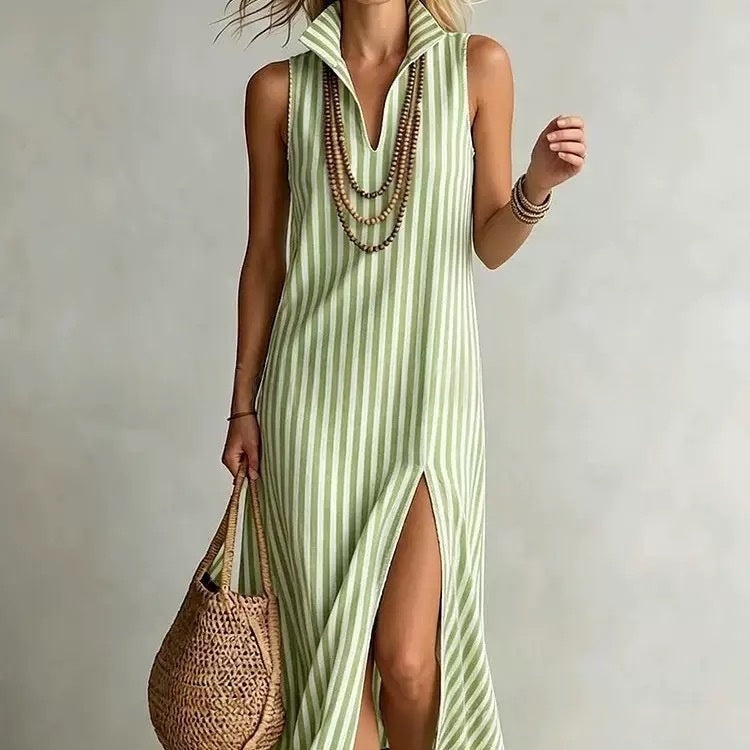 Striped Stand Collar Side-Slit Sleeveless Maxi Dress – A-Line Cami