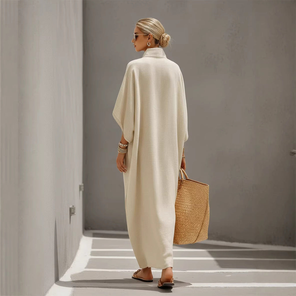 Women’s Stand Collar Button-Down Loose Straight Long Dress