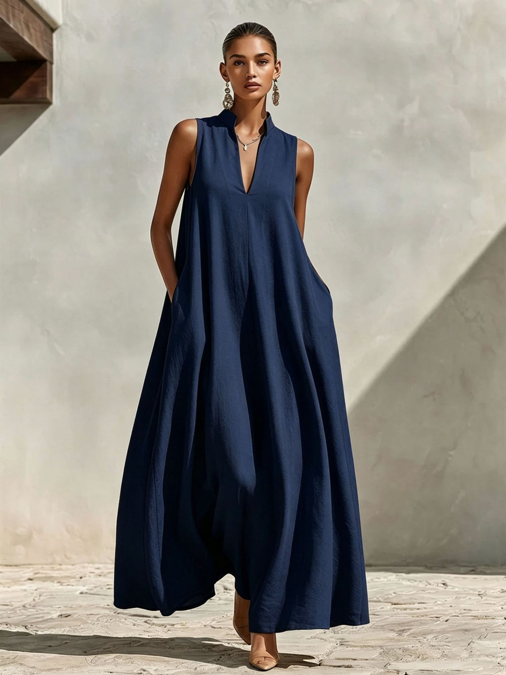 Linen Blend Sleeveless Stand-Collar Maxi Dress – 5 Colors S–3XL
