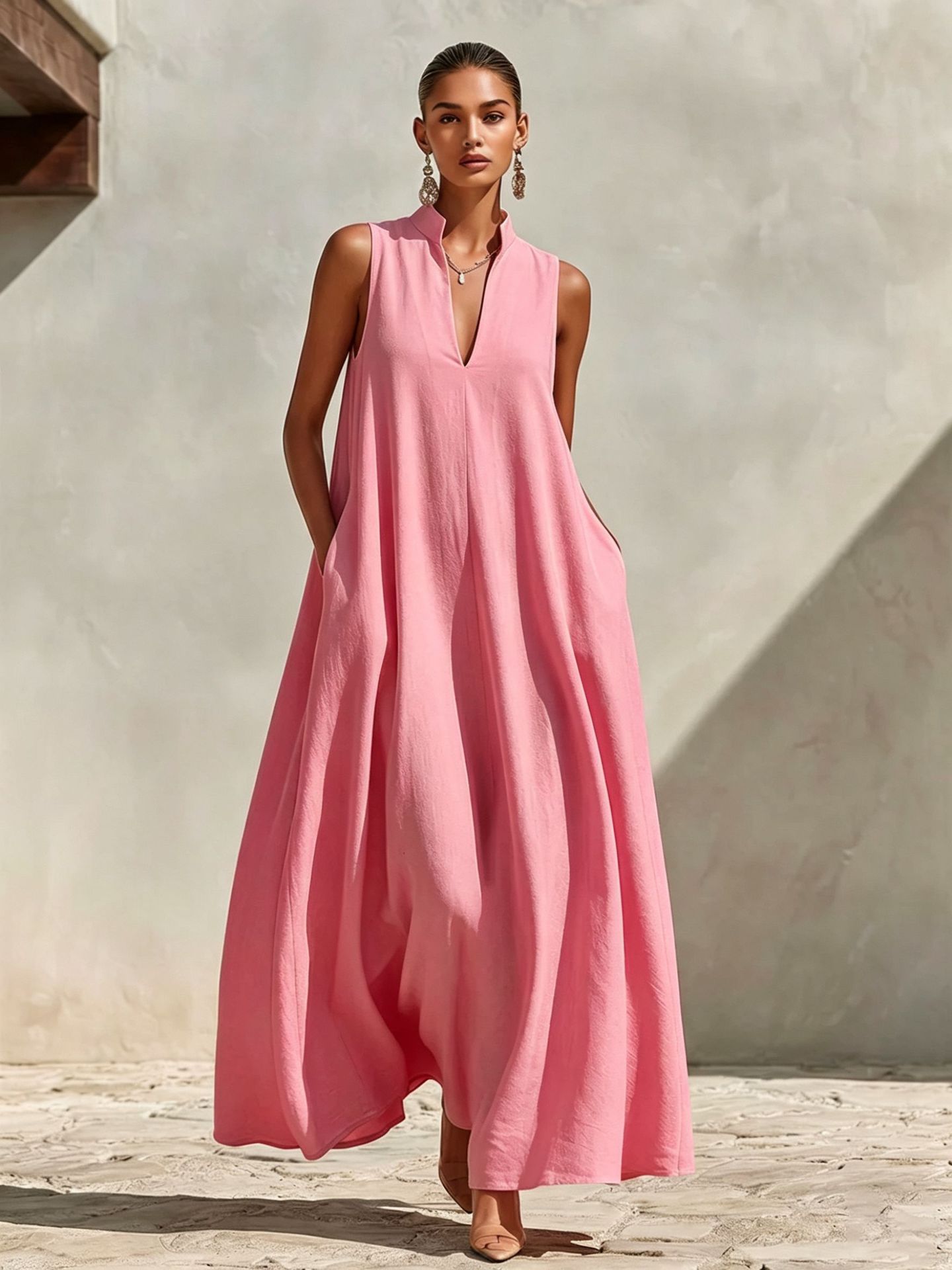 Linen Blend Sleeveless Stand-Collar Maxi Dress – 5 Colors S–3XL
